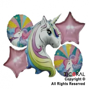 SET DE GLOBOS METALIZADO UNICORNIO ARCO IRIS 5 UNIDADES X 1